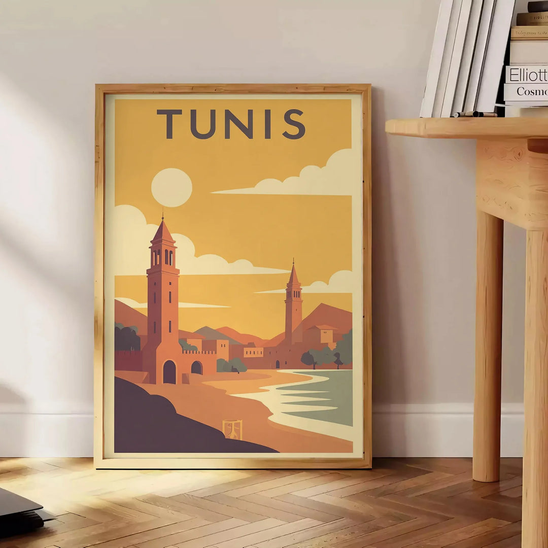 Vintage ταξιδιωτική αφίσα Τύνιδα, Τυνησία σε στυλ Art Deco με ζωντανά κίτρινα και πορτοκαλί χρώματα, ιδανική για λάτρεις των