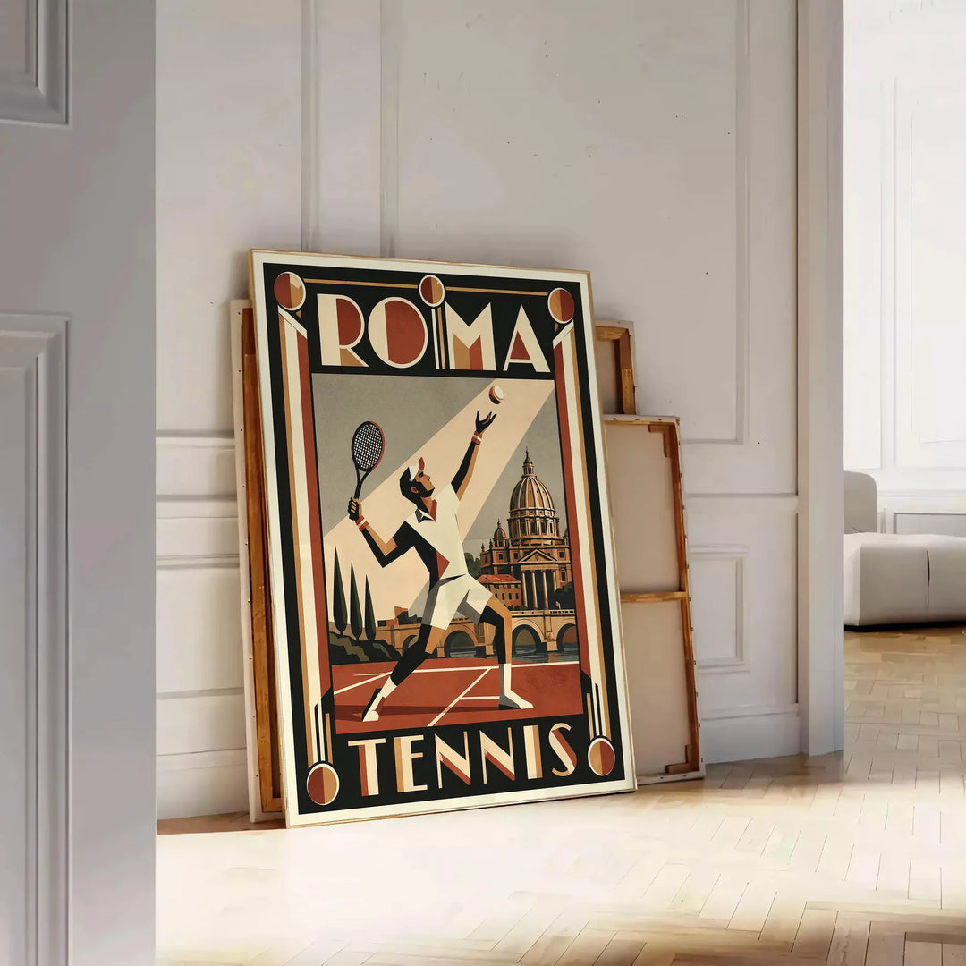 Stilvolles Roma Tennis Poster in Schwarz und Grau, perfekt für Sportliebhaber und Kunstfreunde. Erhältlich in verschiedenen G