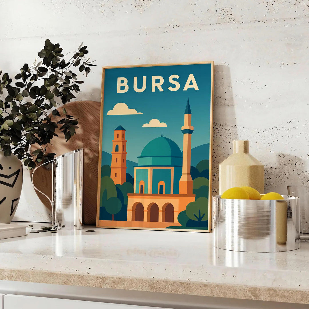 Green and blue stylized Bursa, Turkey travel poster with architectural skyline illustration