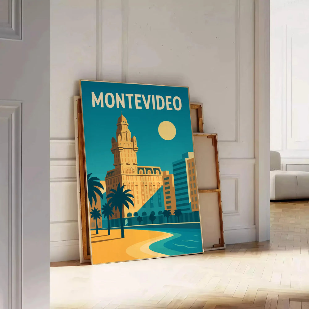 Montevideo Uruguay Art Déco poster with blue and yellow geometric design