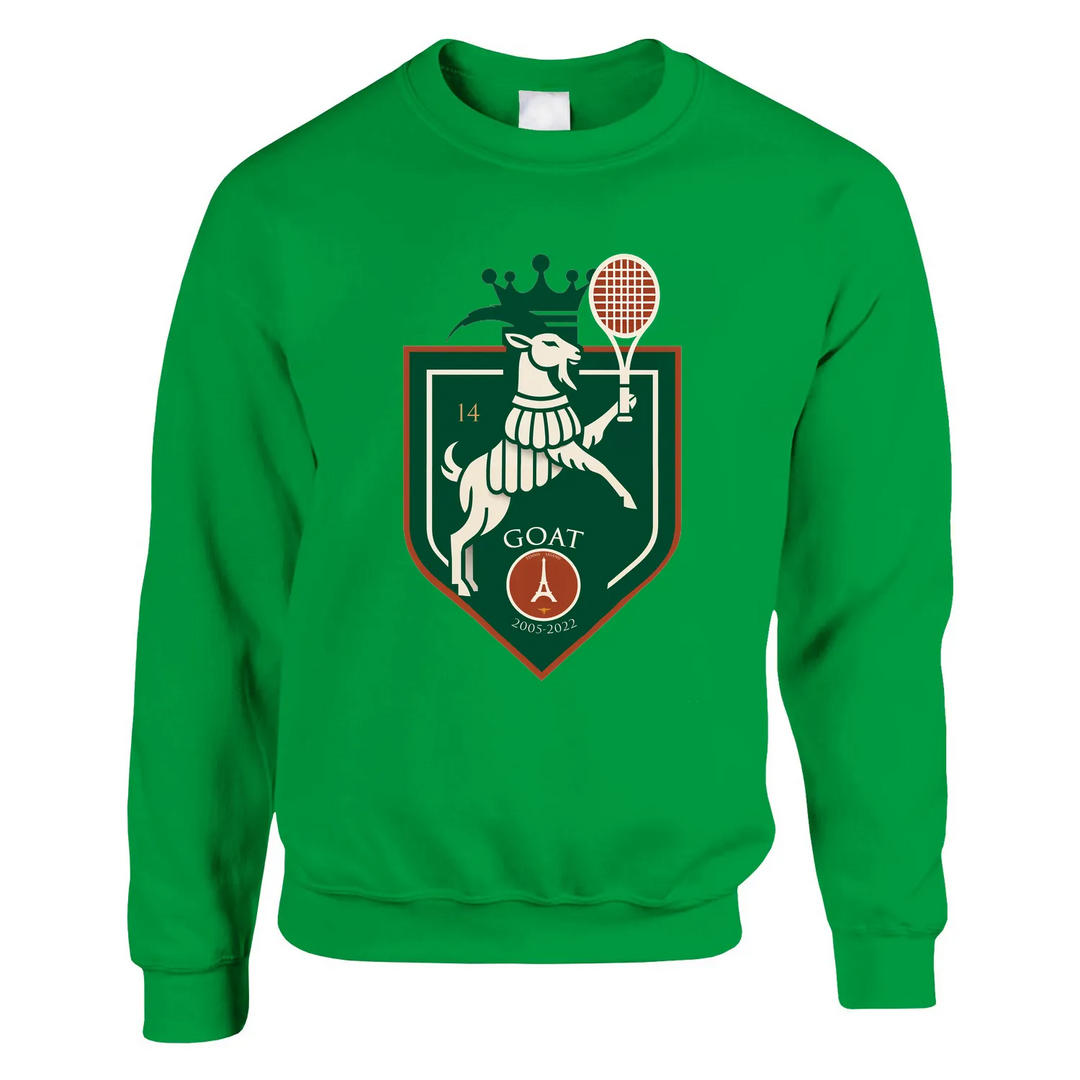 Sweater Tennis GOAT Rafa Paris, feito de 50% algodão e 50% poliéster, com toque suave e resistência ao desgaste. Design uniss