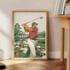 Affiche de style vintage représentant une scène de golf à Augusta, États-Unis, avec des tons bruns et verts riches