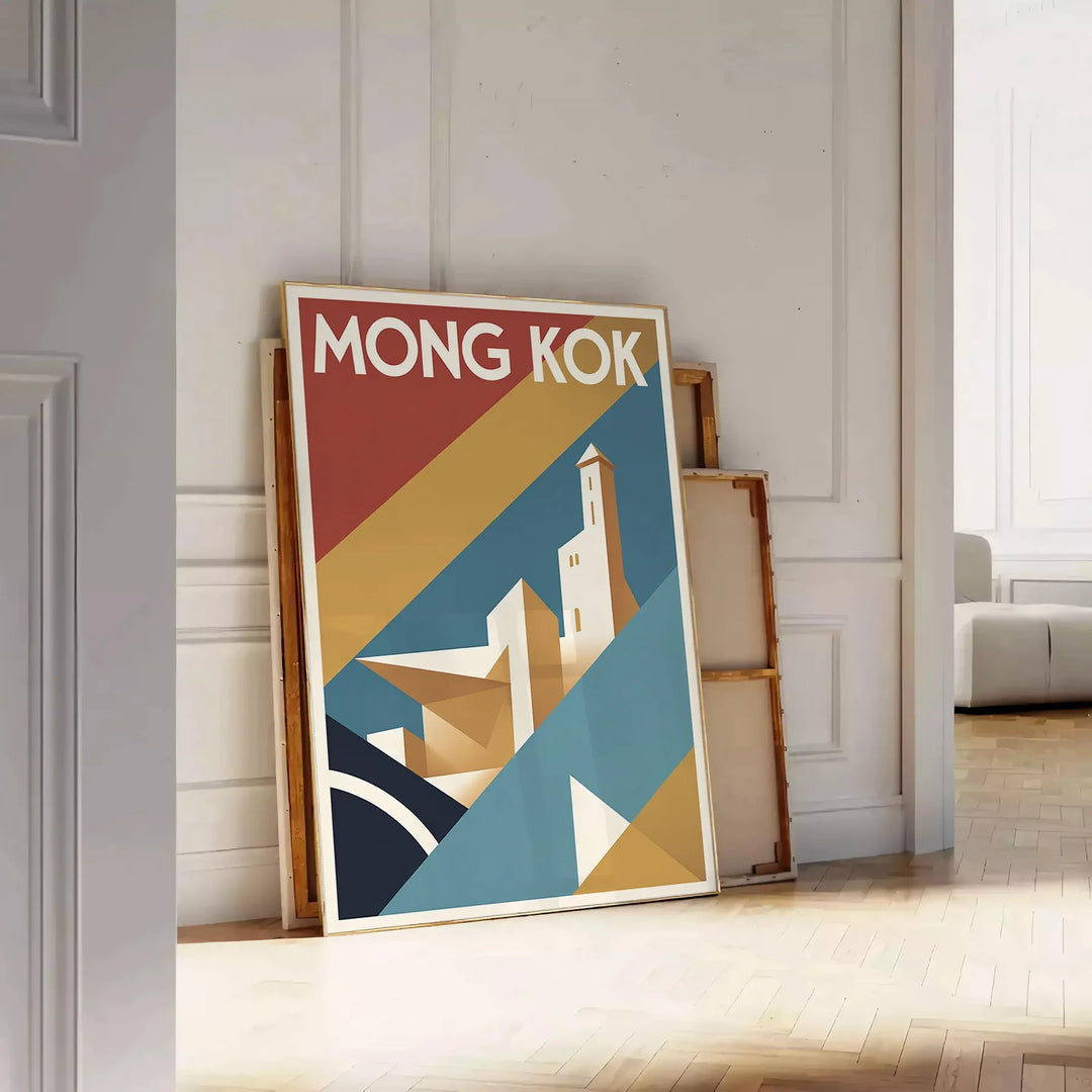 Poster vintage di viaggio Mong Kok, Hong Kong, in stile Art Deco, con colori vivaci e una rappresentazione affascinante della