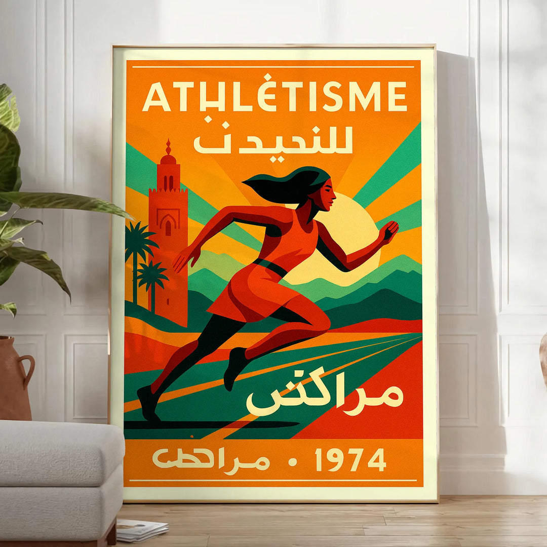1974. gada Marakešas sporta plakāts ar dzīvīgām zaļām un sarkanām krāsām, kas iemūžina sacensību garu. Pieejams dažādos izmēr