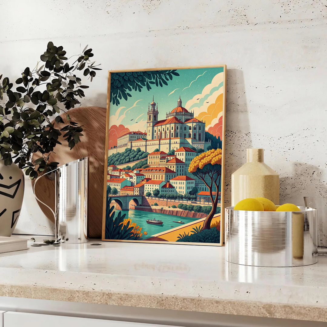 Poster Coimbra Portogallo Art Déco con veduta cittadina stilizzata grigio e marrone, vintage