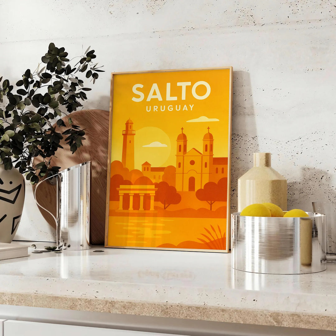 Salto Uruguay Art Déco poster in orange and yellow vintage style