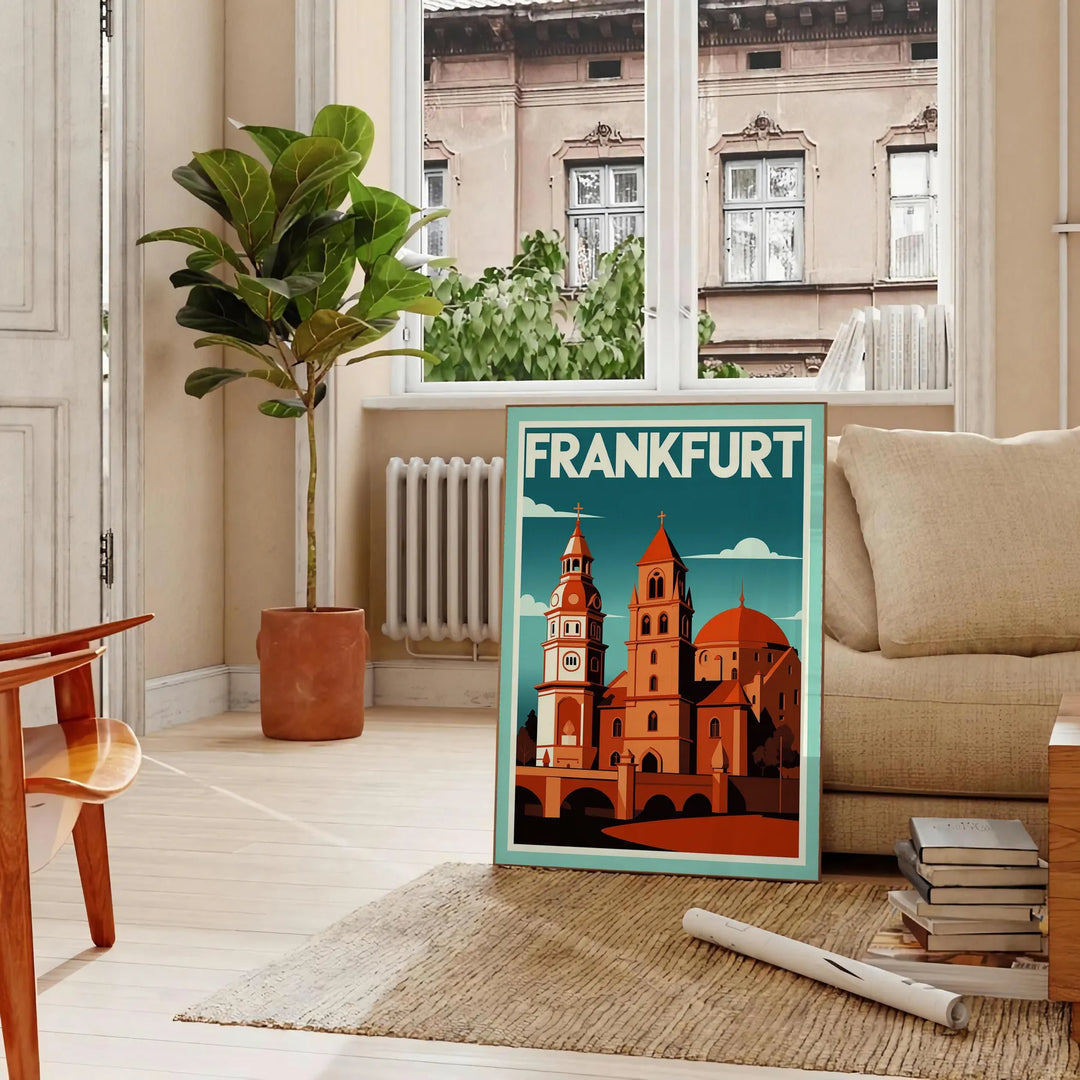 Plakat w stylu Art Déco przedstawiający Frankfurt, Niemcy, w intensywnych czerwonych i pomarańczowych odcieniach, idealny do