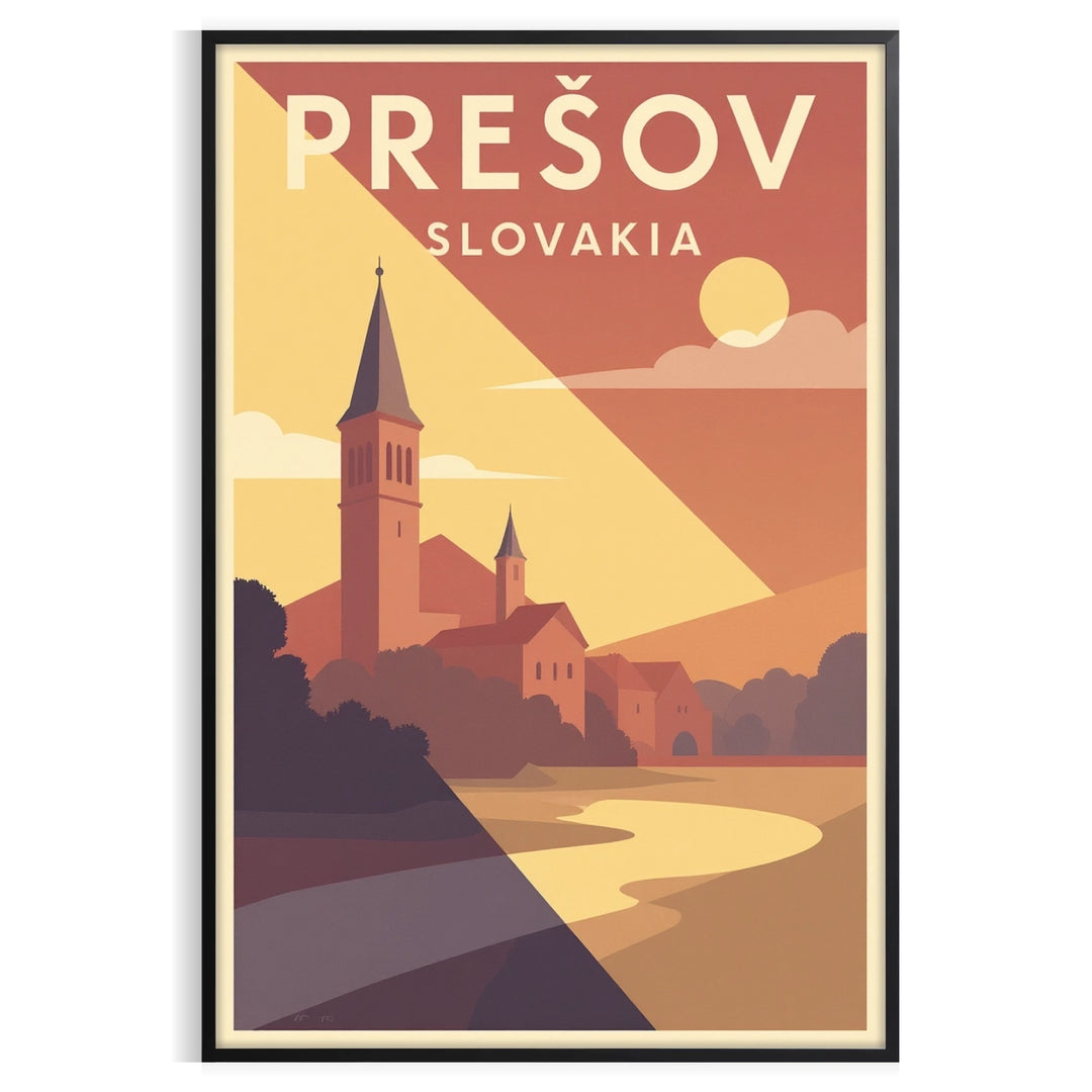 space stunning vintage travel poster Prešov Slovakia charming Art Deco style elegant gray brown tones nostalgia sophistication unique piece decor available A4 cm A0