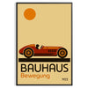 Atemberaubendes Bauhaus-Auto-Poster in Rot und Braun, erhältlich in 50x70 oder 30x40 cm, wahlweise gerahmt oder ungerahmt. Pe