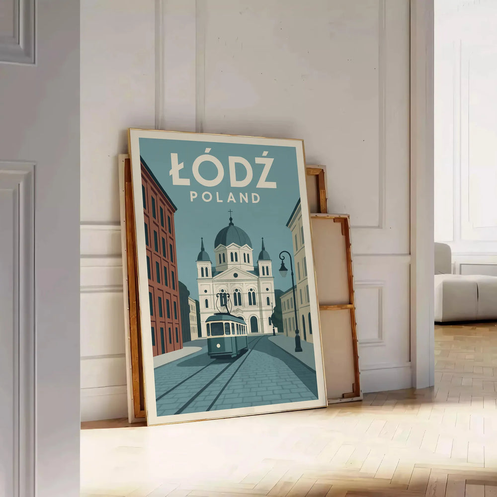 Łódź cityscape poster in orange and green, modern minimalist graphic print