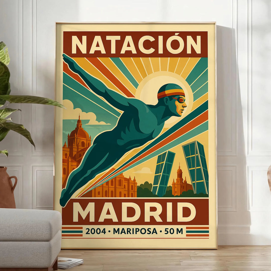 Peldēšanas Madrides plakāts ar bagātīgām brūnām un sarkanām krāsām, pieejams 50x70 cm vai 30x40 cm izmēros, rāmis vai bez rām