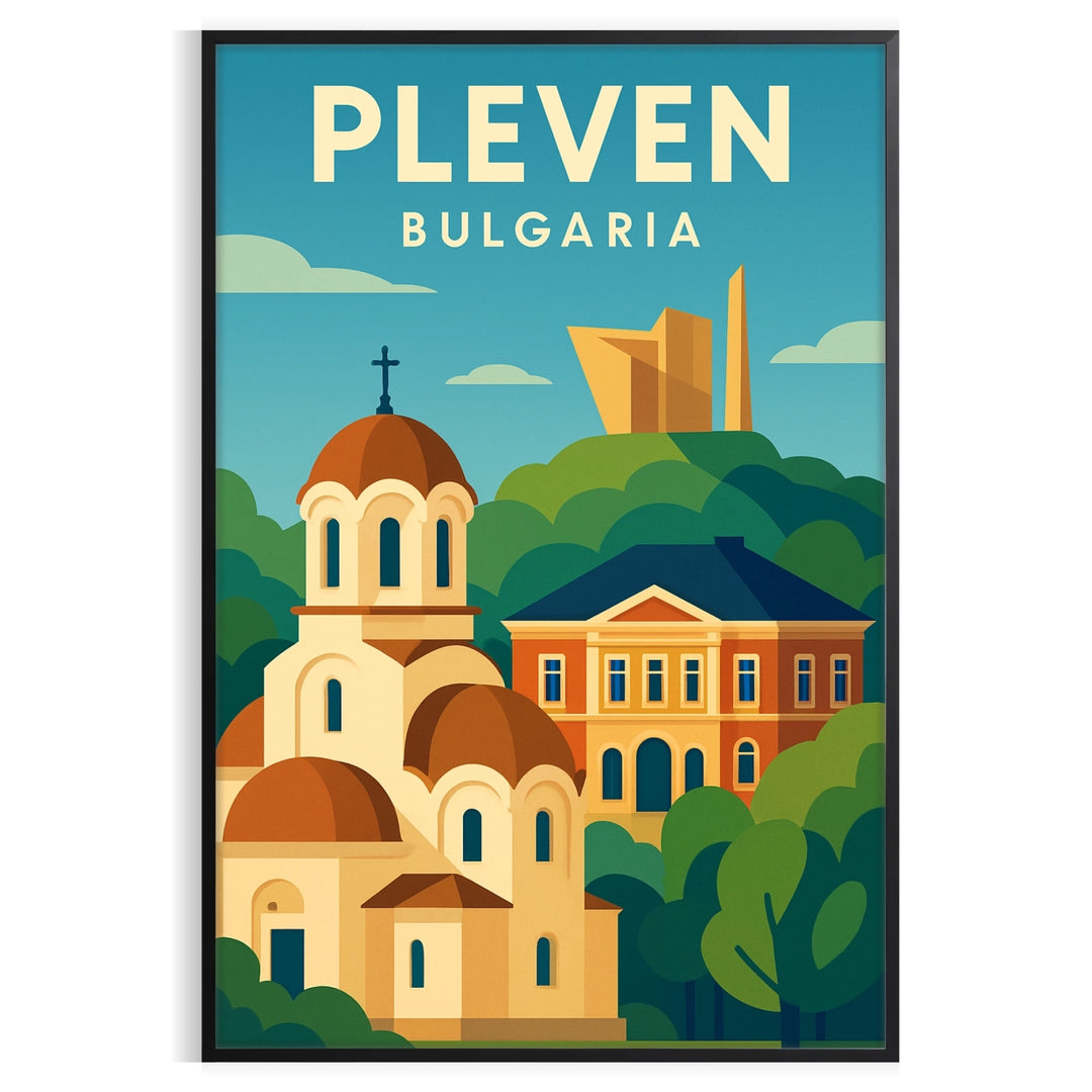Stylized Pleven, Bulgaria travel poster in blue and yellow