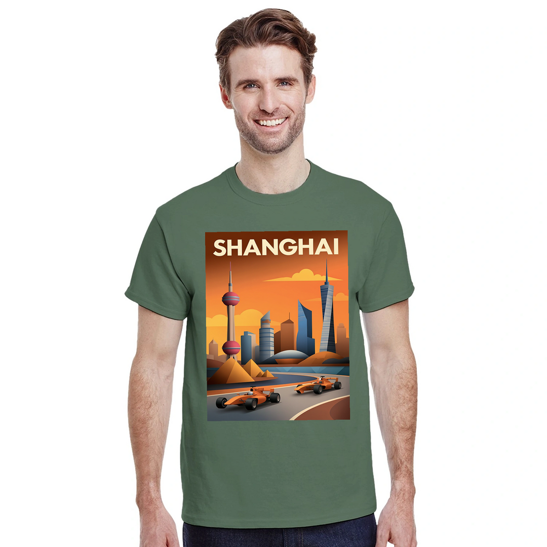 上海F1デザインのTシャツ。モータースポーツファンにぴったりのスタイリッシュなアイテム。高品質コットン使用で快適な着心地。