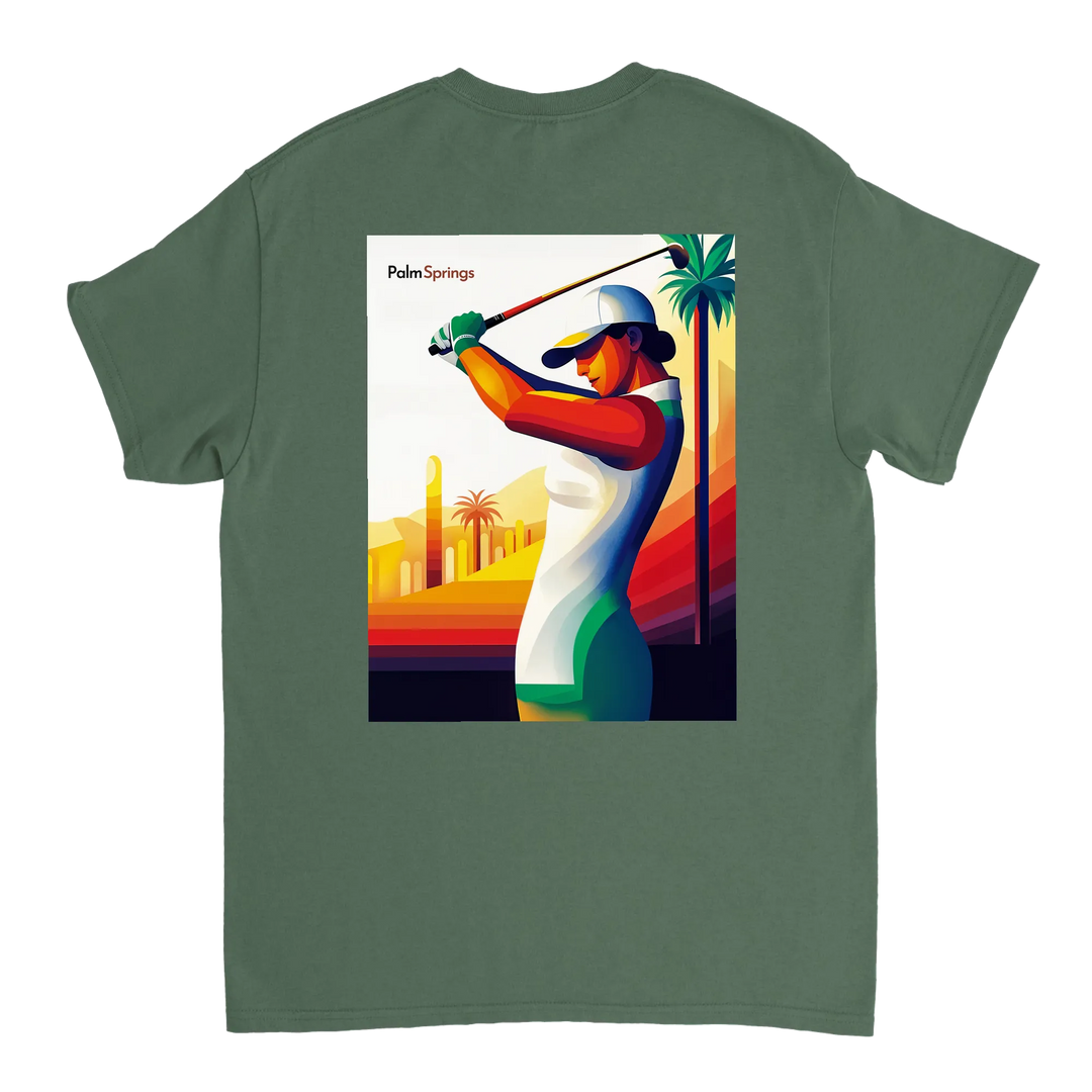 ゴルフパームスプリングスTシャツは、快適さとスタイルを兼ね備えたデザインです。パームスプリングスの陽気な雰囲気を楽しむゴルフ愛好者に最適です。
