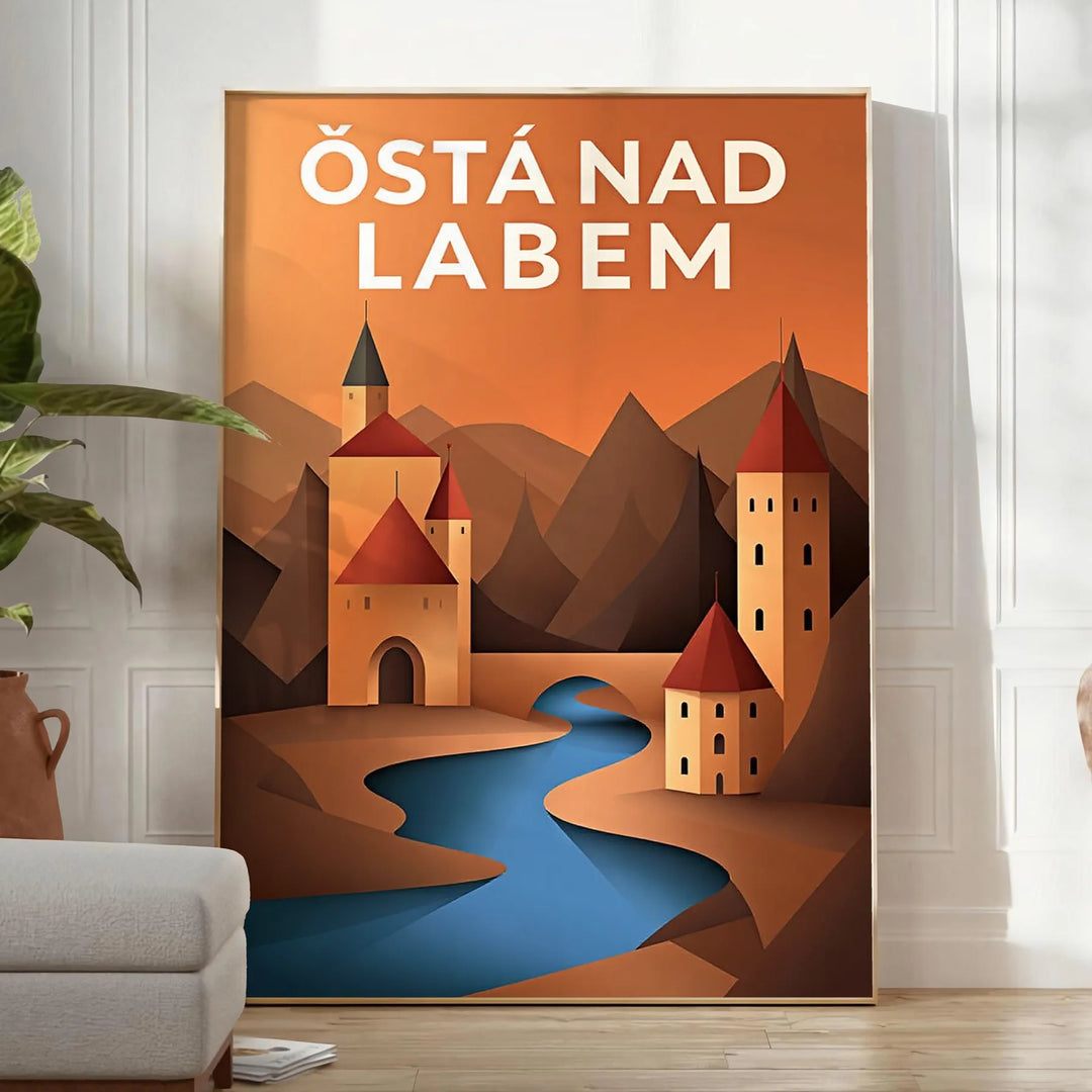 Poster Art Déco vintage di Ústí nad Labem, veduta cittadina in verde e grigio