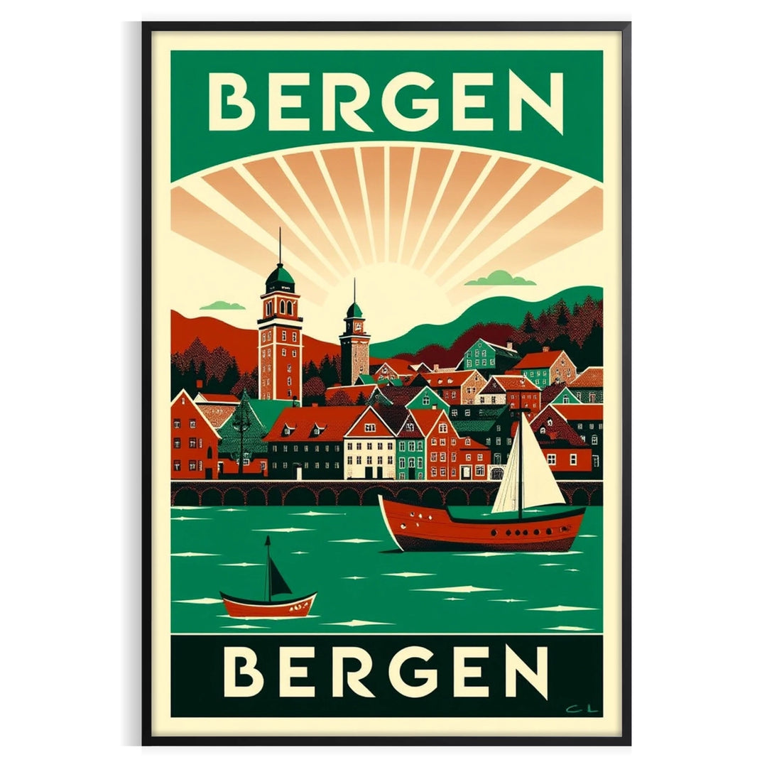 space stunning Art Déco vintage poster Bergen Norway elegant shades green gray canvas touch sophistication room decor formats A4 cm A0