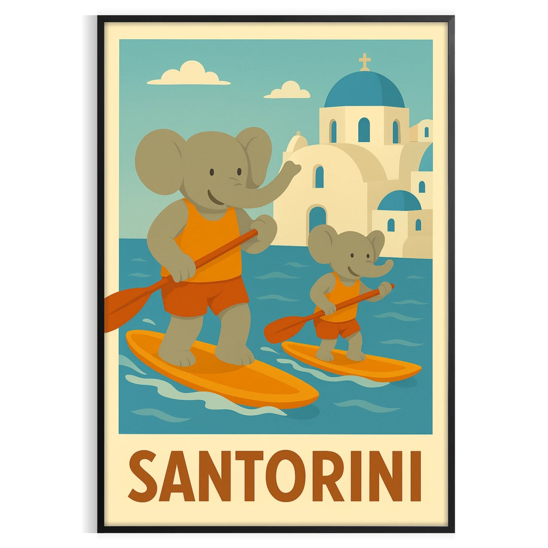 space enchanting Kid Elephant Paddle Santorini poster stunning blue orange hues children rooms playful spaces vibrant artwork imagination joy touch whimsy home sizes A4 cm A0