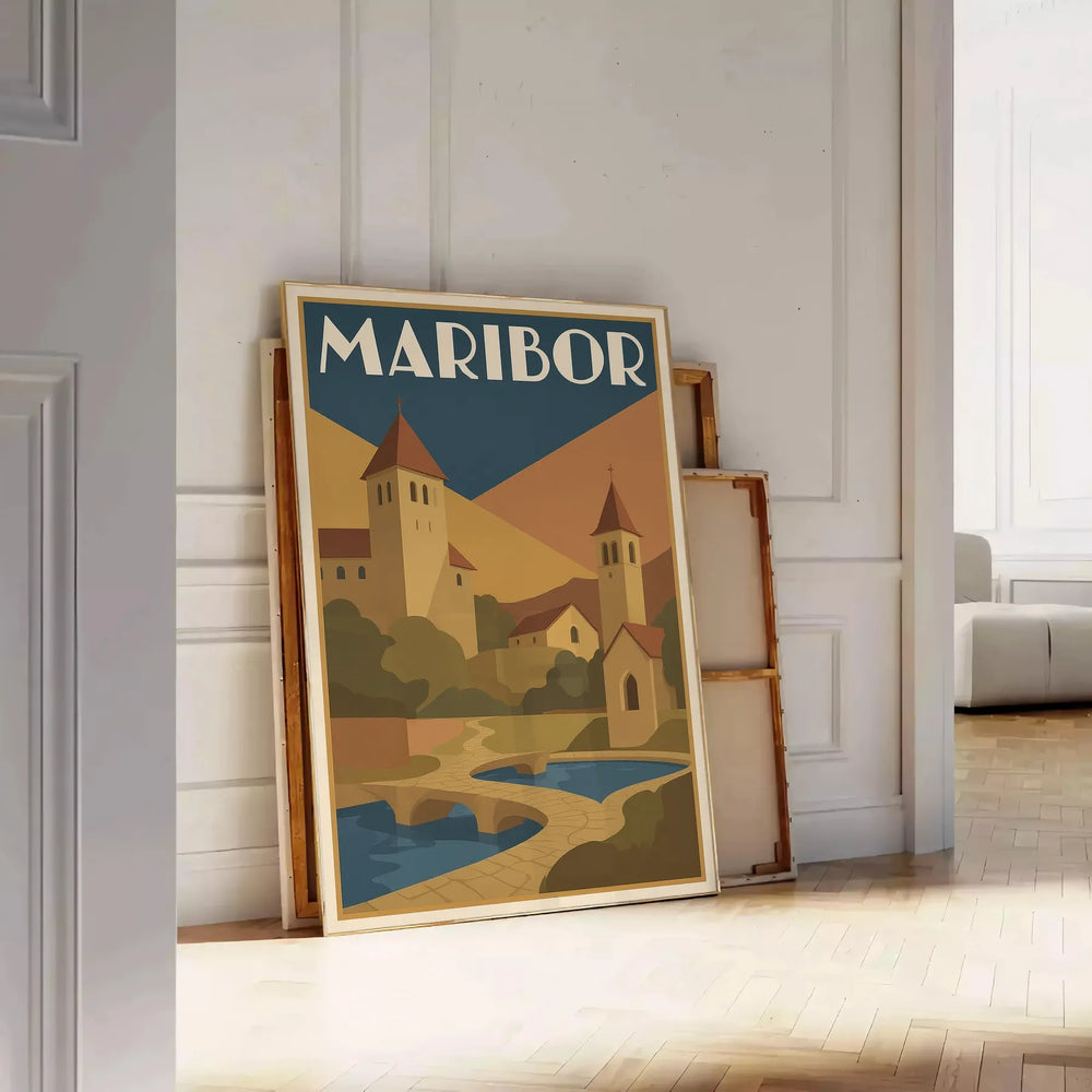charm Maribor Slovenia stunning vintage travel poster elegant Art Deco design sophisticated gray brown tones space touch nostalgia decor yours today timeless destination