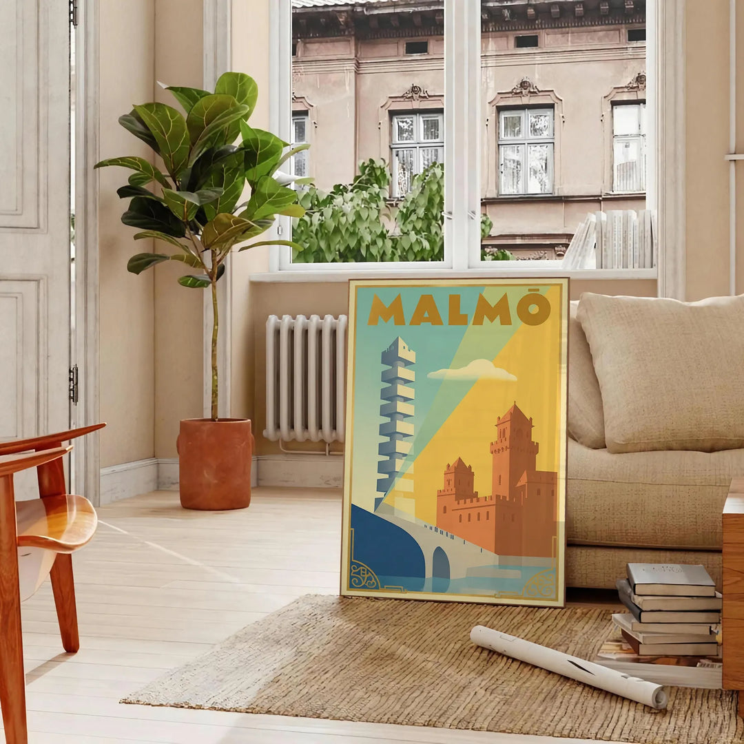 Affiche vintage Malmö Suède élégance Art Déco teintes apaisantes bleu gris intérieur œuvre disponible dimensions 50x70 30x40 unique cadre
