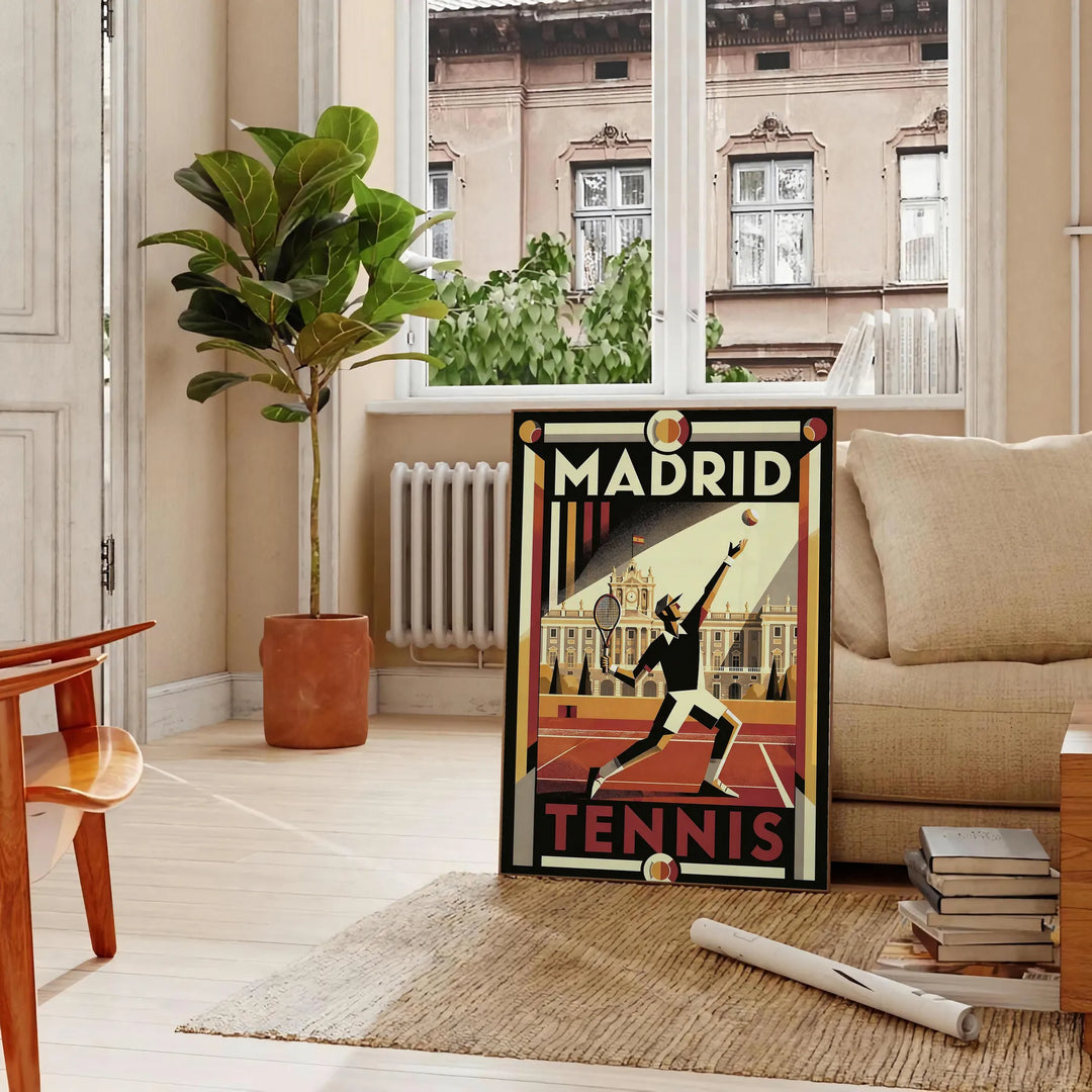 Madrid Tennis Poster in kräftigen Schwarz- und Rottönen, erhältlich in 50x70 oder 30x40. Perfekte Wanddekoration für Tennisli