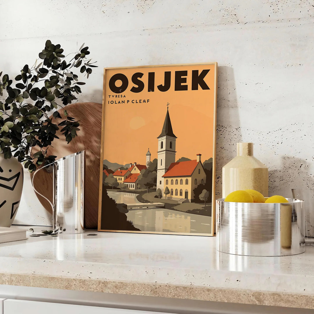 Plakat w stylu Art Déco przedstawiający Osijek w brązowych i pomarańczowych tonach