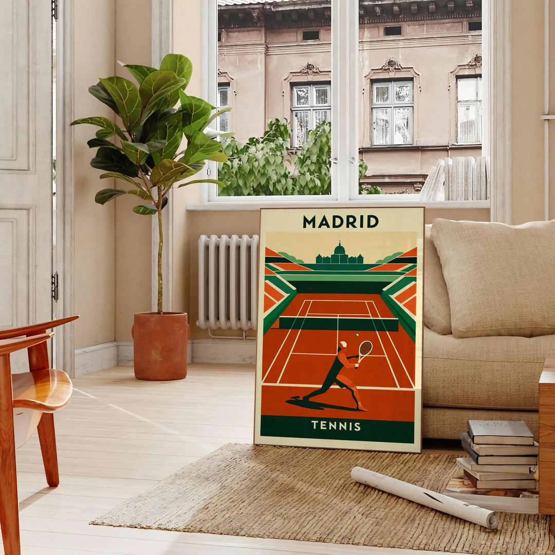 Affiche captivante tennis Madrid couleurs vibrantes orange vert passionnés pièce unique intérieur dimensions 50x70 cm A4 A0
