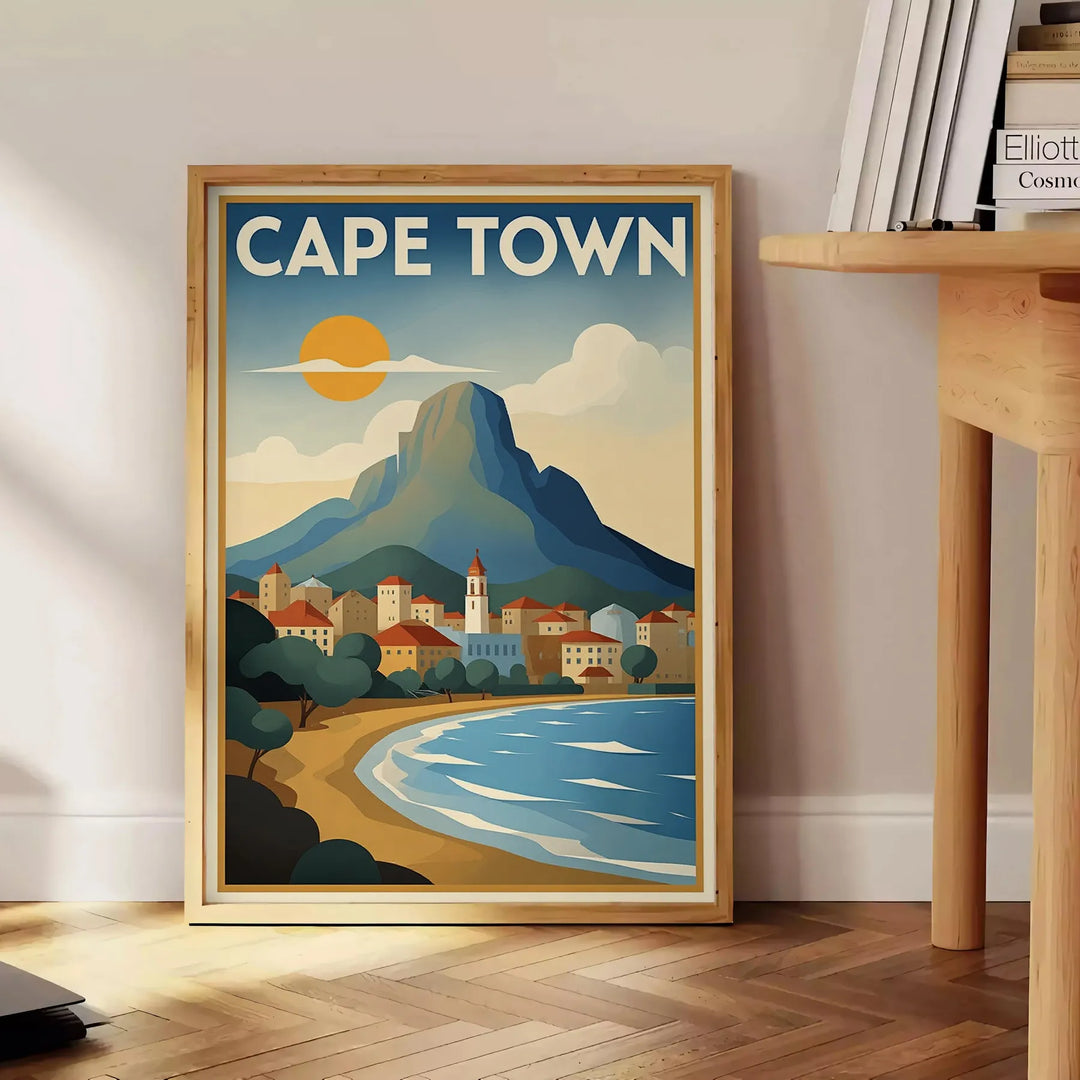 charm Cape Town vintage travel poster Art Deco style stunning orange blue hues perfect touch nostalgia room captivating today convenience