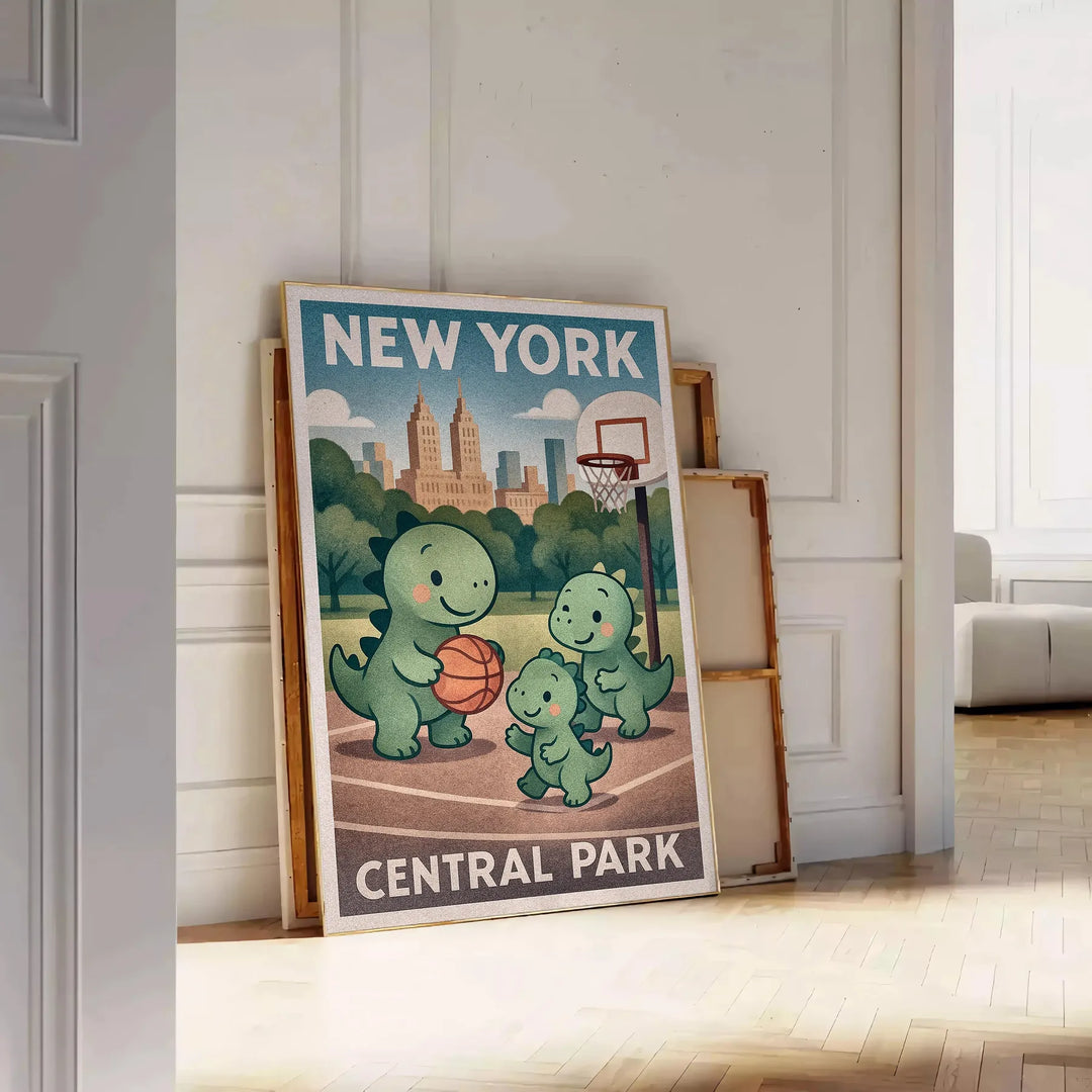 Vintage poster με δεινόσαυρους να παίζουν μπάσκετ στο Central Park της Νέας Υόρκης, ιδανικό για διακόσμηση ή δώρο