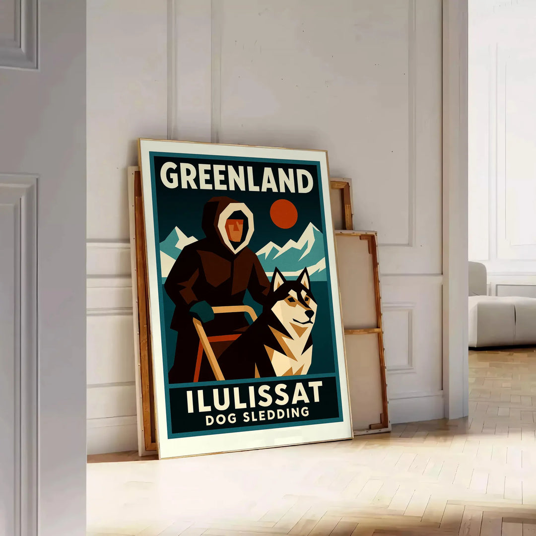 Affiche captivante sport traîneau chiens Groenland teintes grises orange incontournable passionnés aventure œuvre unique dimensions cm espace formats A4 A0