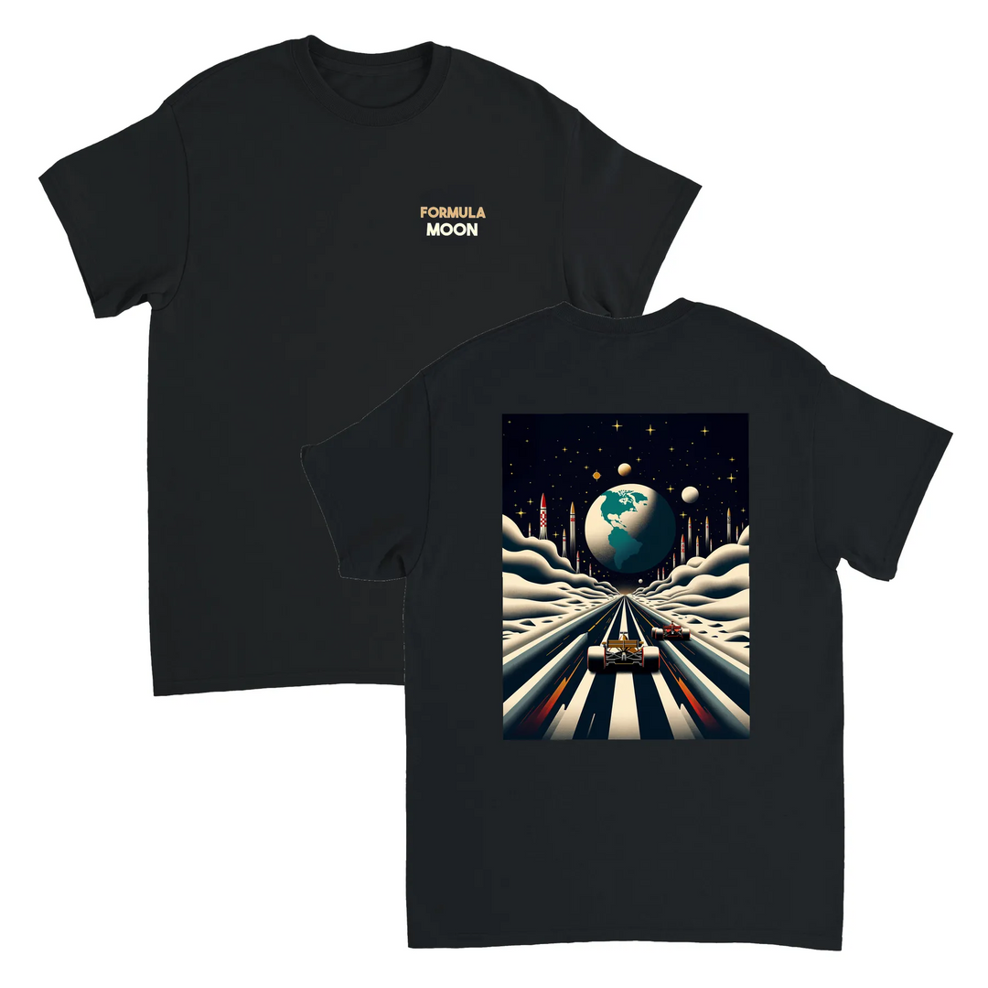 T-shirt Formula Moon con design lunare unico, ideale per appassionati di astronomia. Morbido cotone per un comfort duraturo