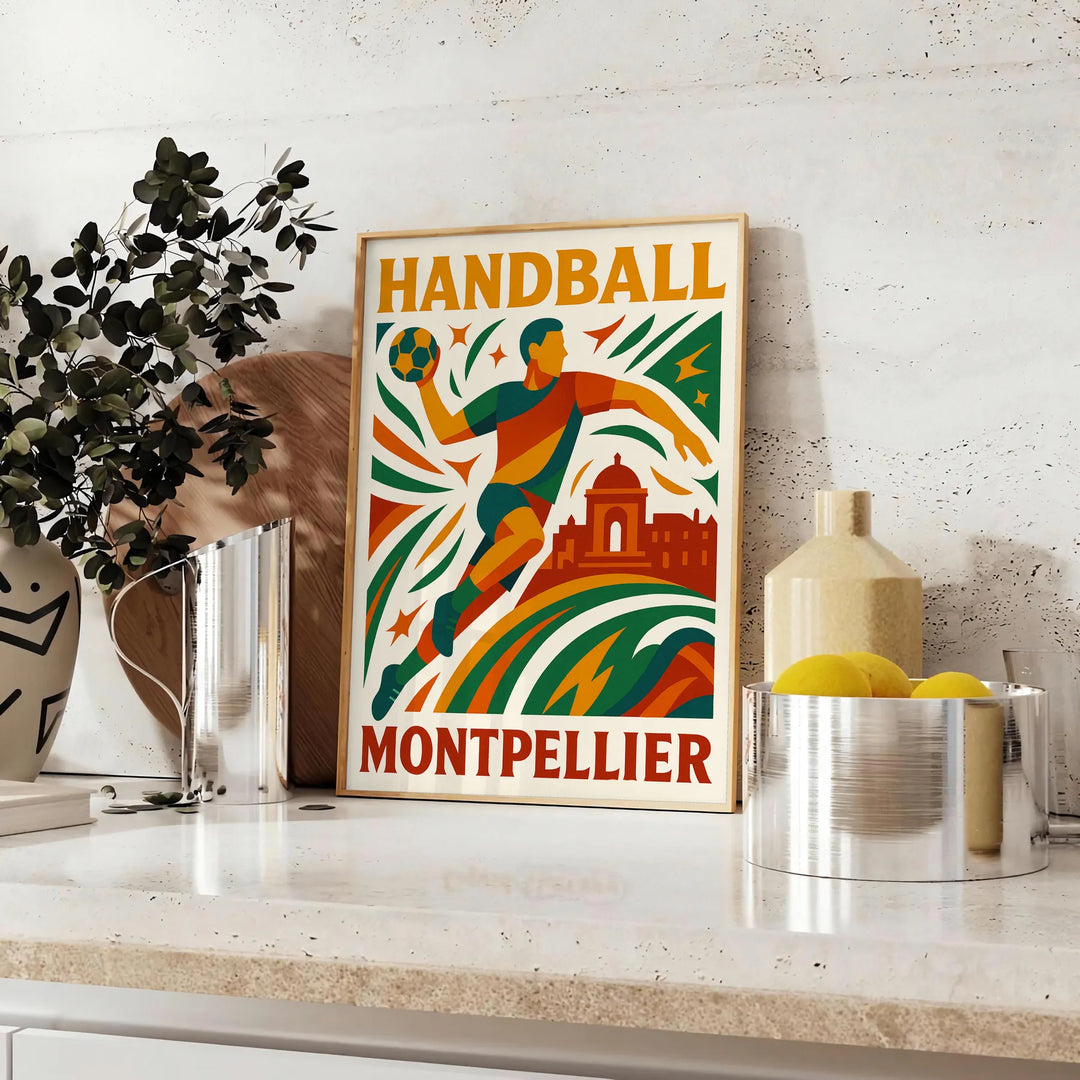 手に汗握るハンドボールの魅力を表現したモンペリエポスター。赤とオレンジの鮮やかな色合いがスポーツのエネルギーを捉えています。サイズはA4、30x40 cm、50x70 cm、60x80 cmから選べます。ファンやコレクターに最適なアイテムです。