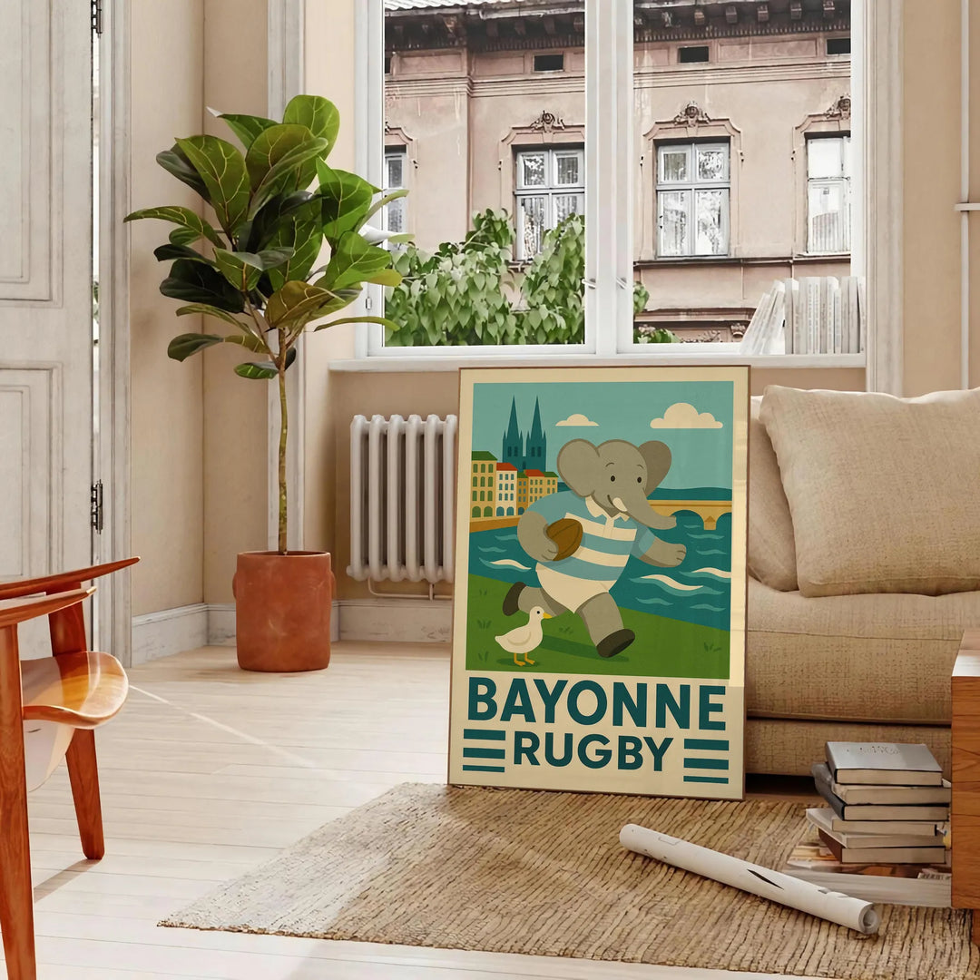 rugby vintage représentant un éléphant kid club Bayonne poster art une touche unique murs passionnés artwork dimensions cm 50x70 décor disponibles A4 A0