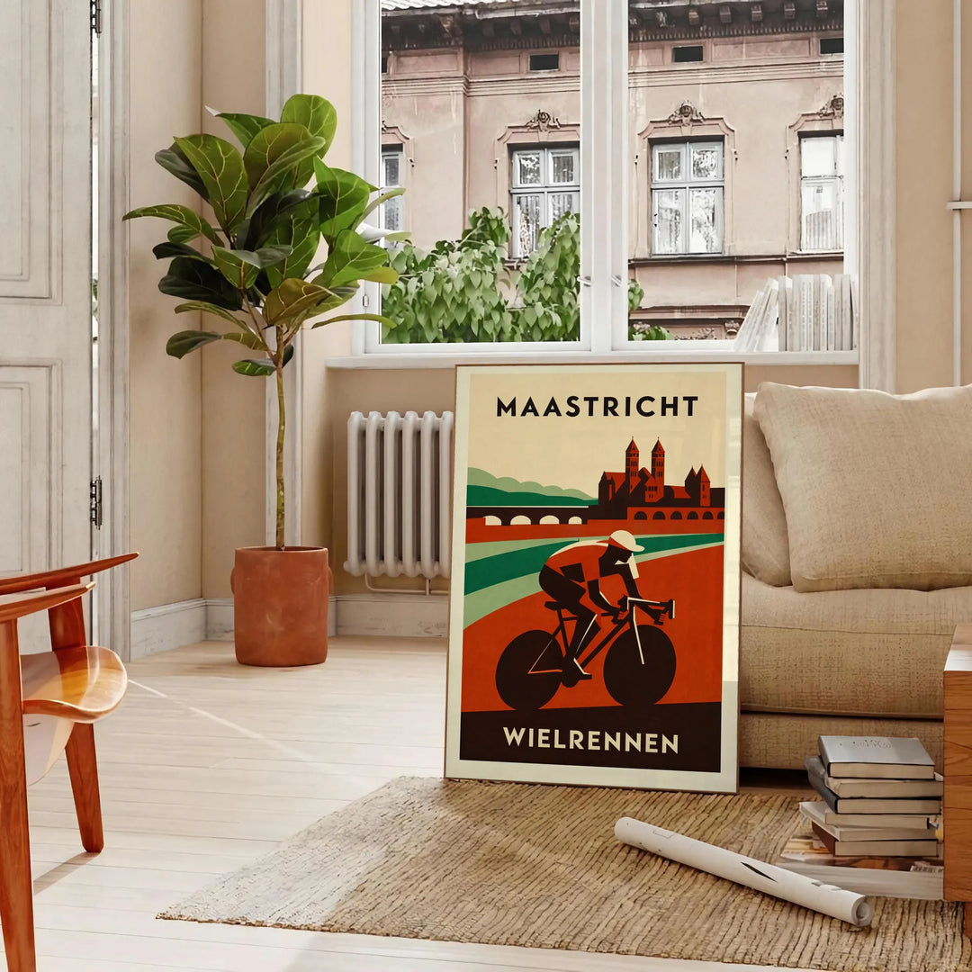 captivante cyclisme Maastricht teintes vibrantes rouge orange passionnés vélo paysages néerlandais poster dimensions 50x70 cm disponibles A4 A0