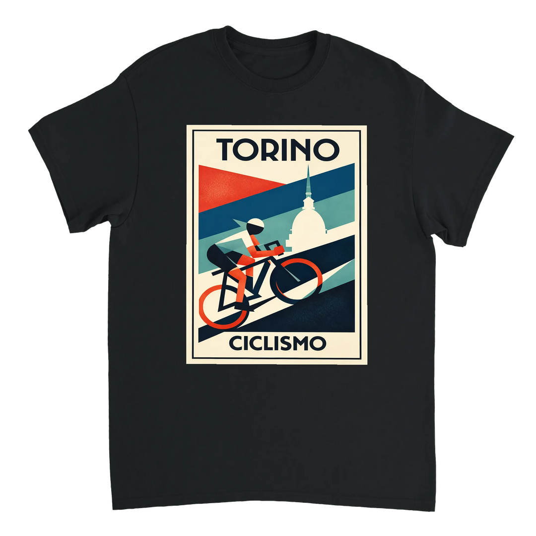 T-shirt featuring a graphic of a cyclist in Turin, Italy