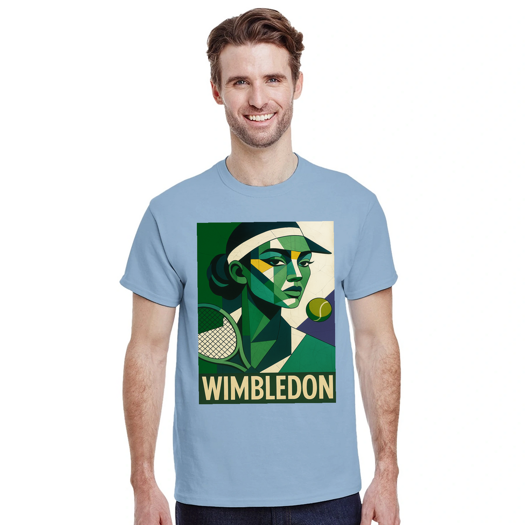 ウィンブルドン・キュビスト・テニスTシャツ。ユニークなキュビズムデザインが特徴で、テニス愛好者にもファッション好きにも最適なアイテム。サイズはS、M、L、XL、XXLがあります。