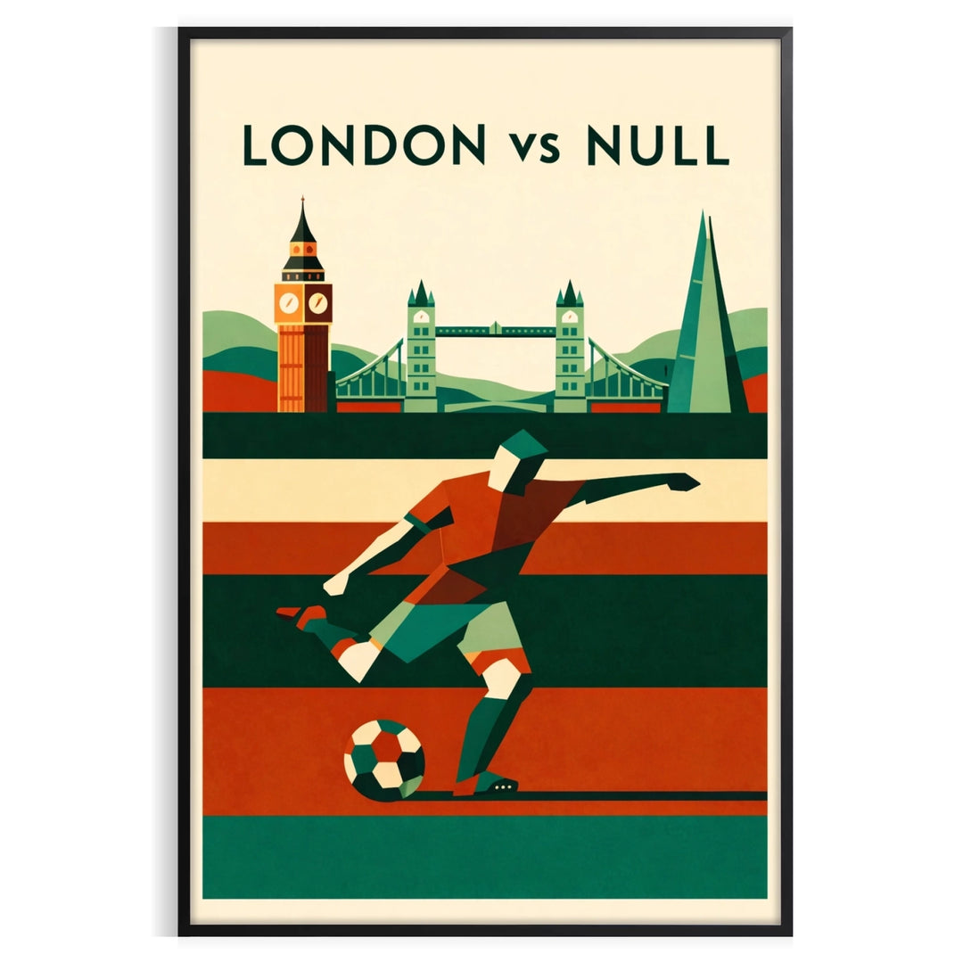 ロンドンのサッカーポスター。鮮やかな緑とオレンジの色合いが特徴で、サッカーファンやインテリア愛好家に最適。サイズ: 30x40 cm, 50x70 cmなど。