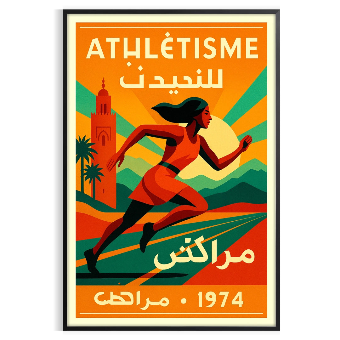 vibrant 1974 Marrakech Athletics poster eye green red hues spirit competition sports enthusiasts art lovers stunning piece various sizes space A4 cm A0