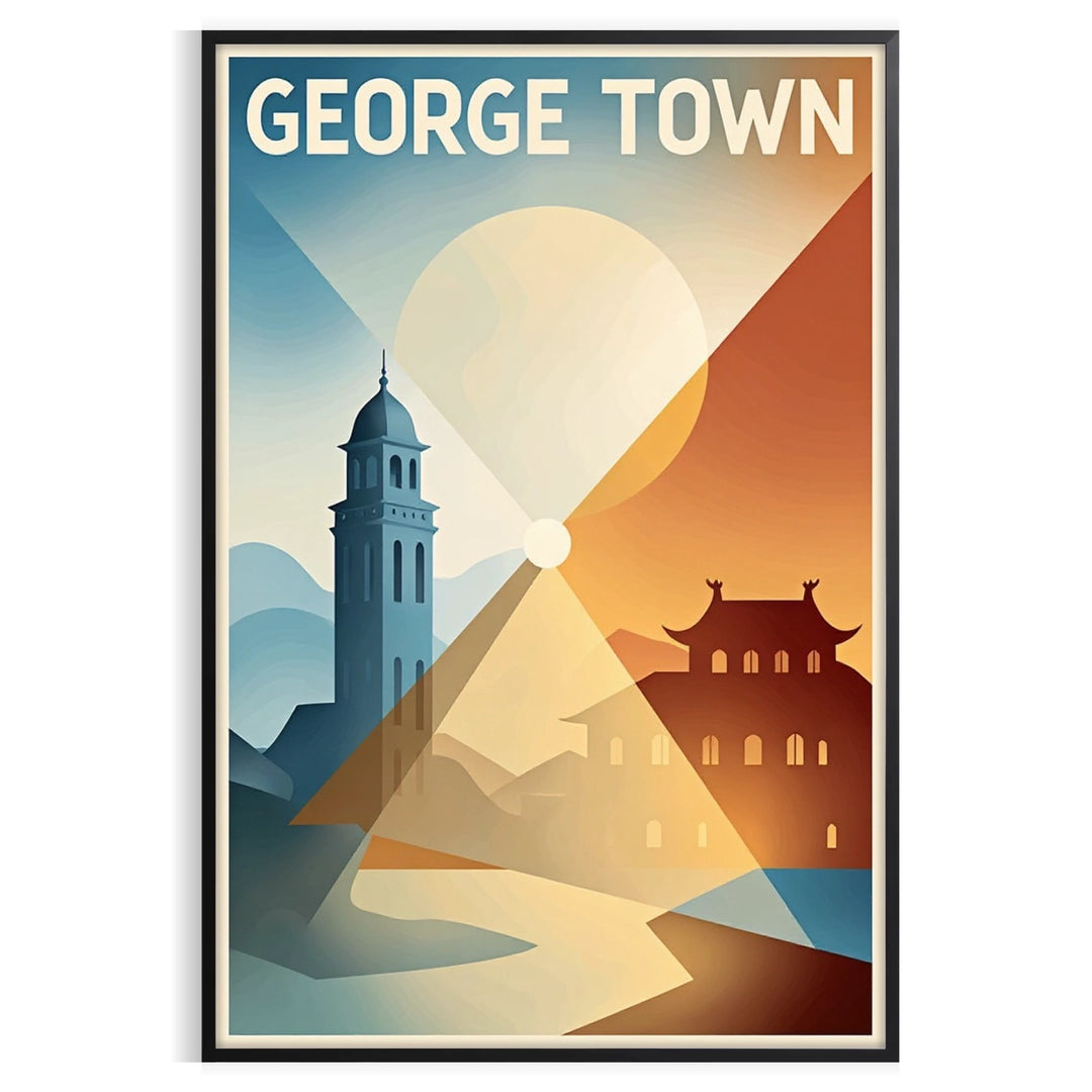 Witryna przedstawiająca vintage plakat podróżniczy George Town w Malezji w stylu Art Deco, w ciepłych odcieniach pomarańczowe