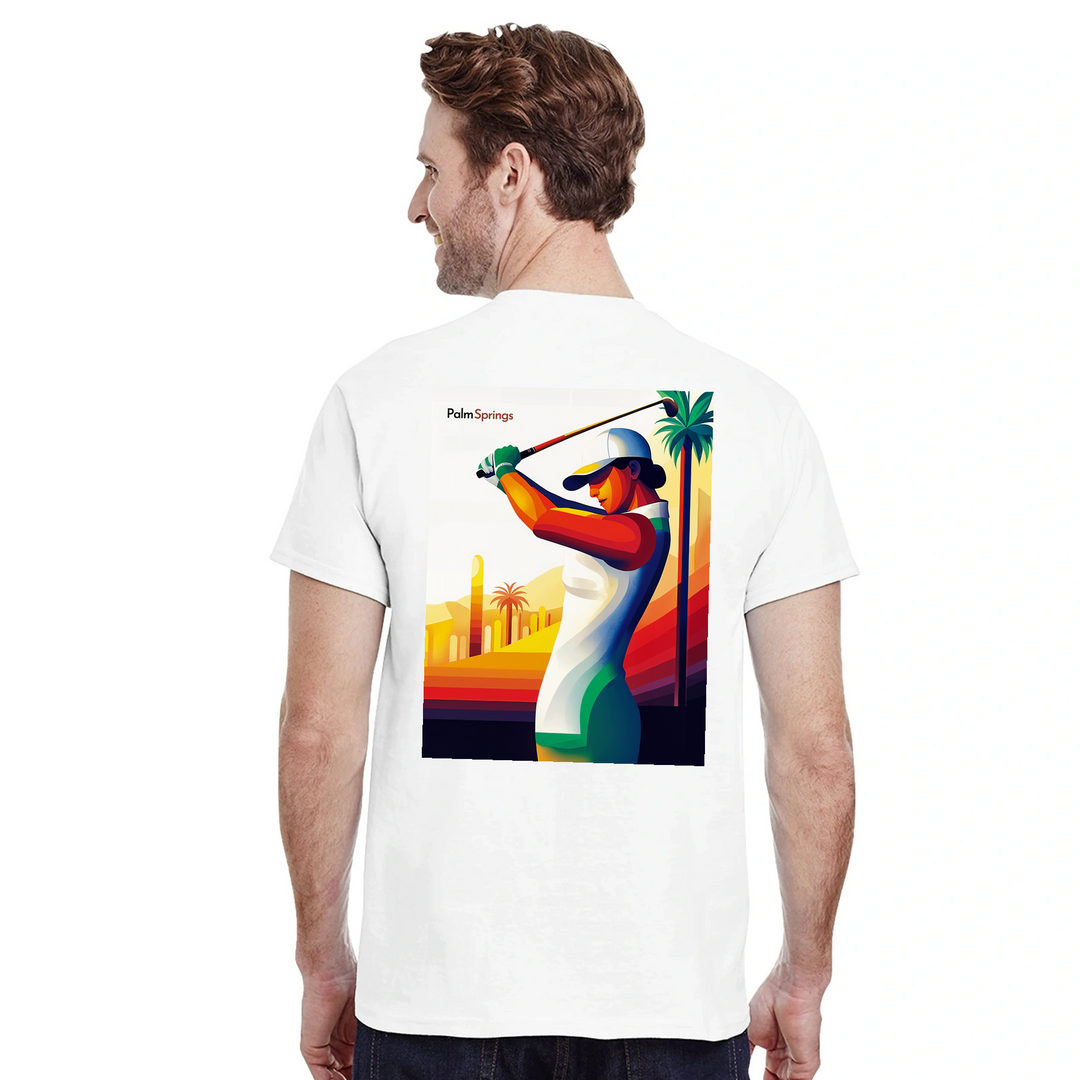 ゴルフパームスプリングスTシャツは、快適さとスタイルを兼ね備えたデザインです。パームスプリングスの陽気な雰囲気を楽しむゴルフ愛好者に最適です。