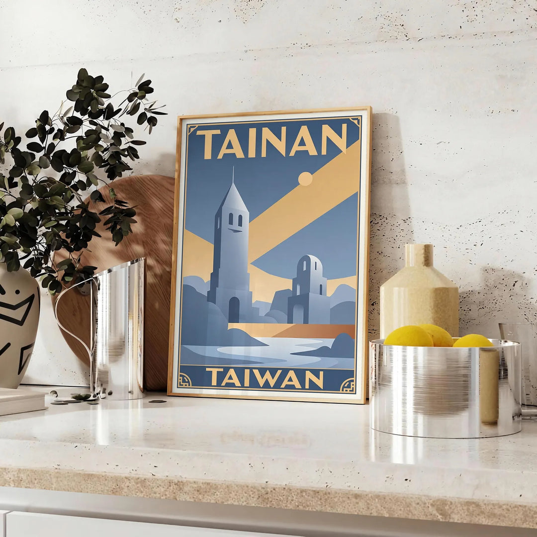 Vintage ταξιδιωτική αφίσα Art Deco από την Ταιβάν, με μοναδικούς πράσινους και γκρίζους τόνους, ιδανική για κάθε χώρο. Διαθέσ