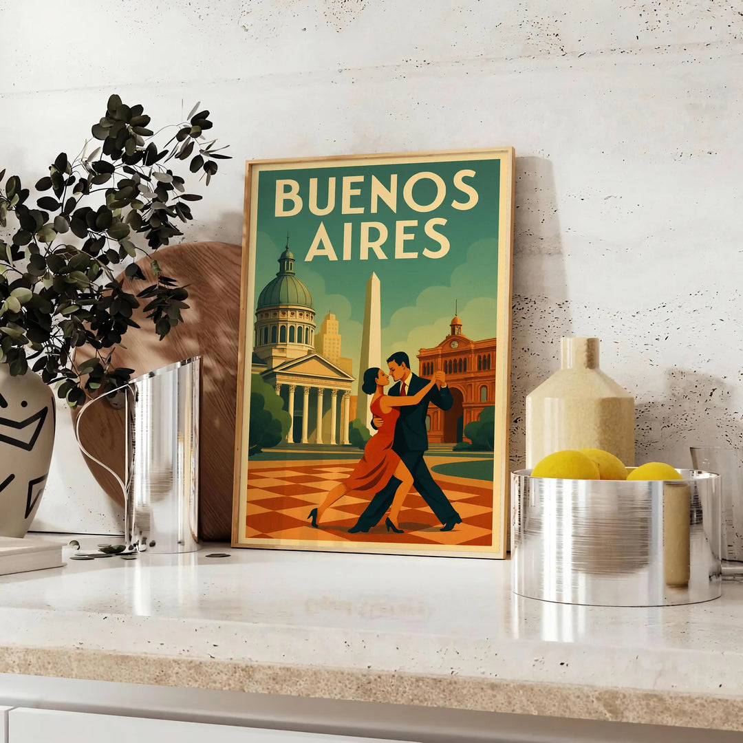 Poster showing Buenos Aires Art Déco cityscape illustration in orange and green