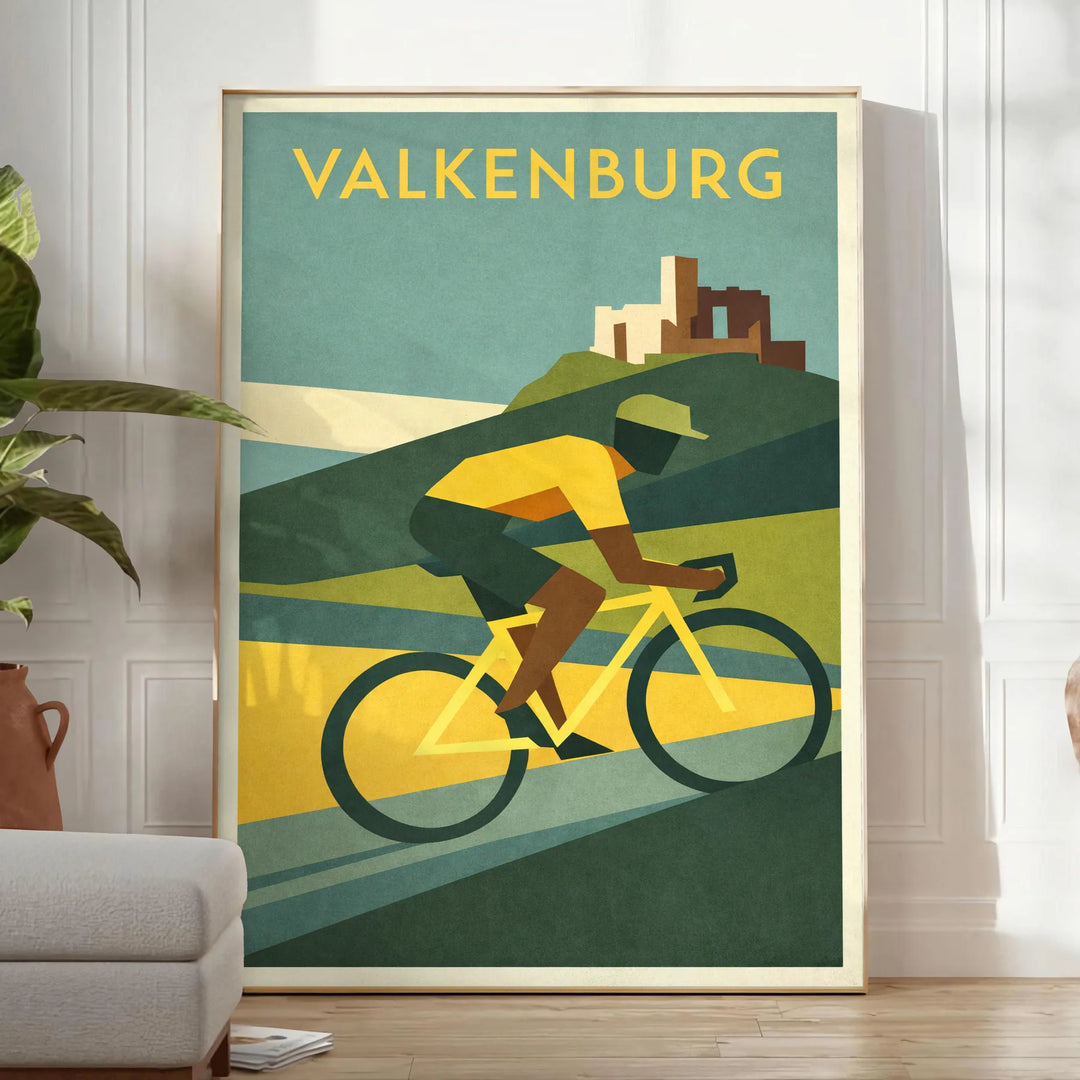 Póster de ciclismo Valkenburg, Países Baixos, em laranja e verde vibrante, ideal para amantes do ciclismo. Disponível em vári