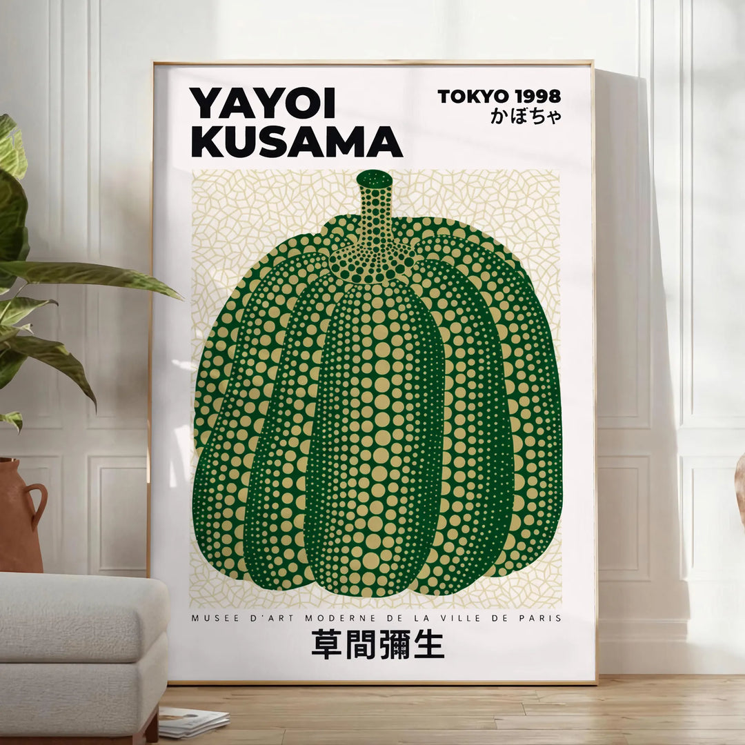 Stilren poster inspirerad av Yayoi Kusama med färgglada pumpor, perfekt för att lysa upp ditt rum. Finns i flera storlekar