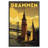 Plakat w stylu Art Déco przedstawiający Drammen w Norwegii, dostępny w rozmiarach 50x70 cm i 30x40 cm, idealny do każdego wnę
