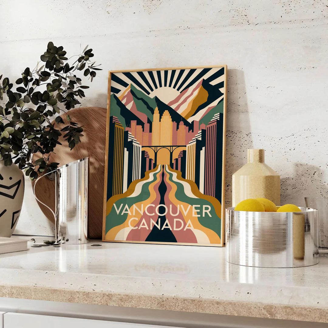Vintage Art Deco Vancouver travel poster with orange and green geometric design