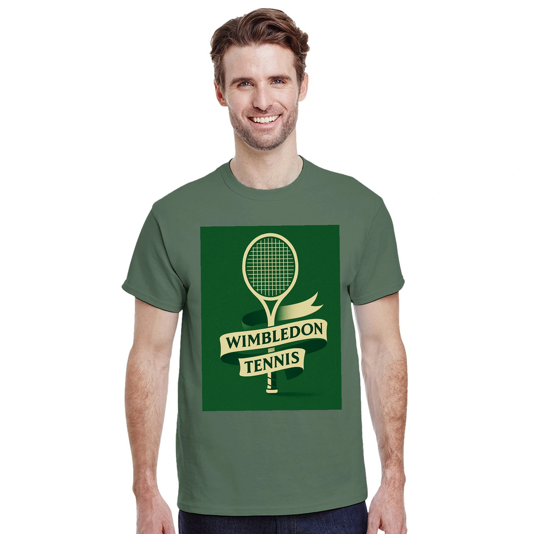 ウィンブルドンを祝うテニステーマのTシャツ。快適で耐久性に優れたデザインで、スポーツ愛好者必見のアイテム。サイズ展開: S, M, L, XL, XXL。