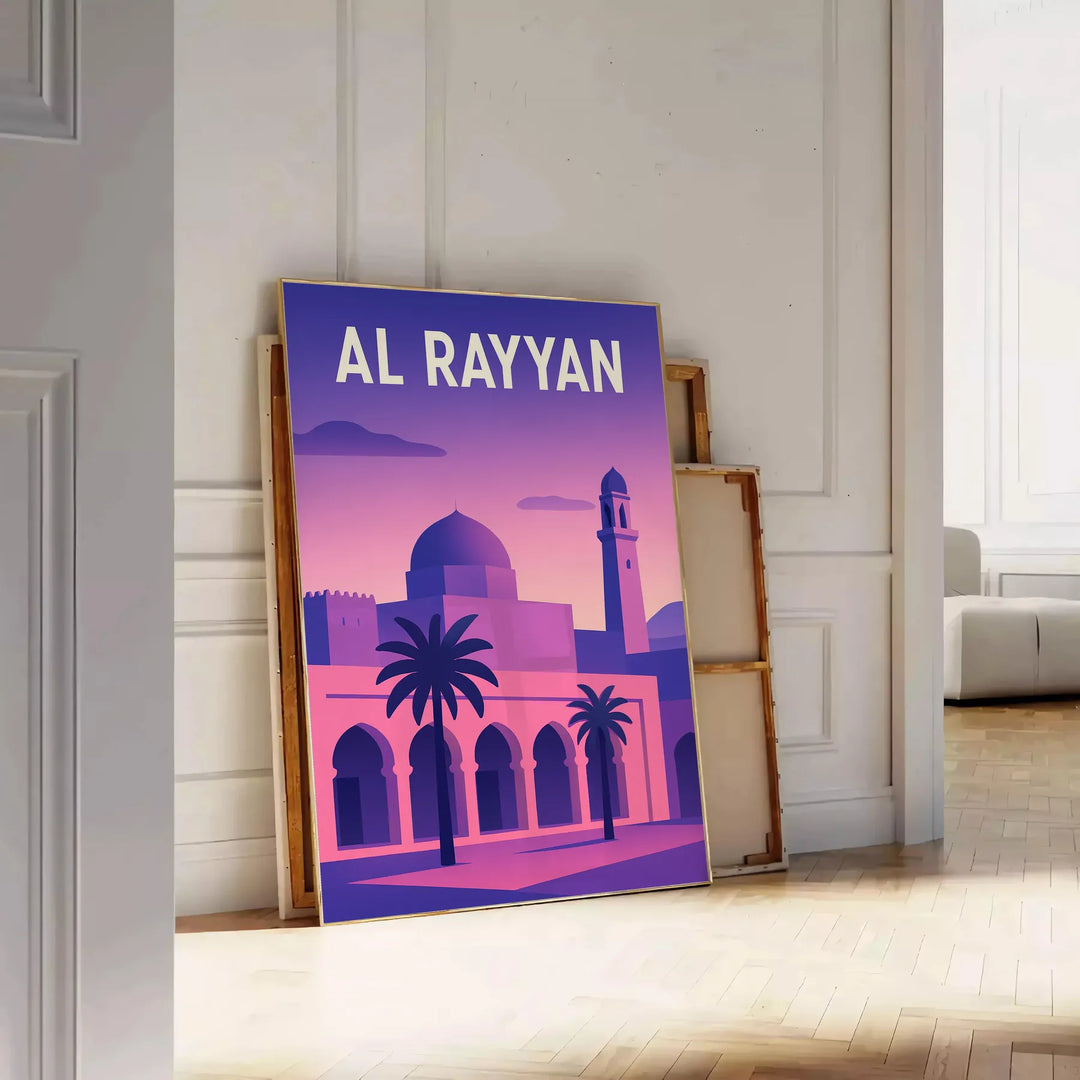 Al Rayyan Qatar skyline poster in stylized purple and white artwork