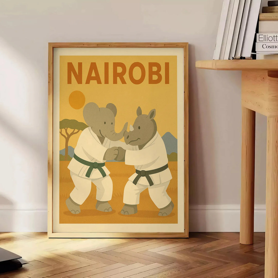 vibrant kid elephant rhinoceros judo poster gray green tones fun touch children room area eye today endless imagination unframed versions available