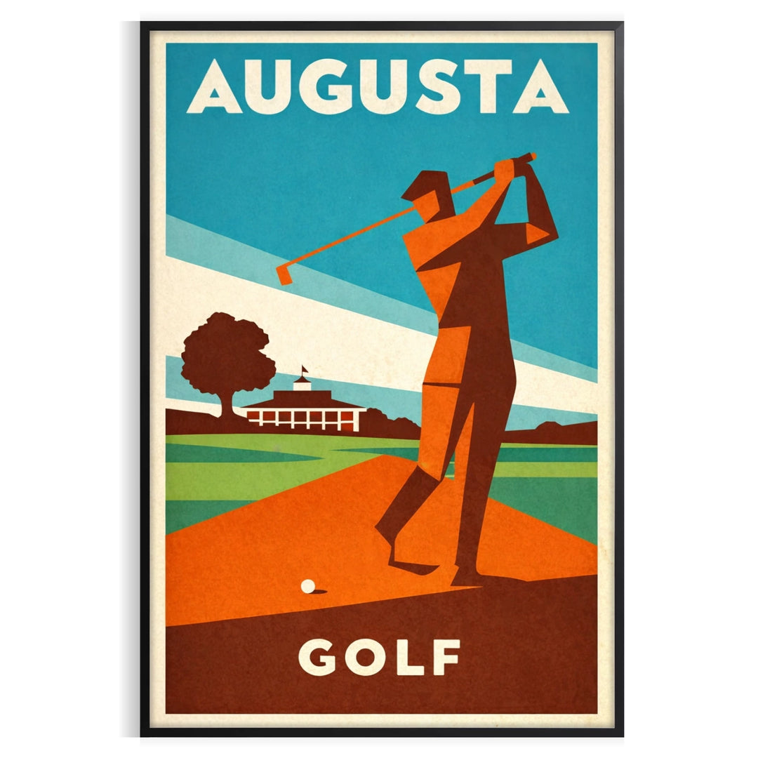 Vintage poster depicting the Augusta United States golf course in yellow and blue