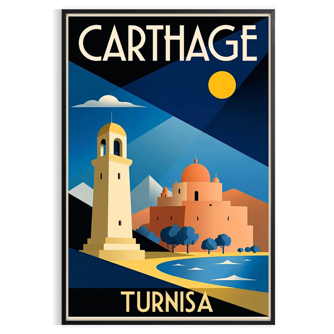 charm Carthage Tunisia stunning vintage travel poster blue green hues art deco enthusiast artwork adventure home dimensions cm A4 A0